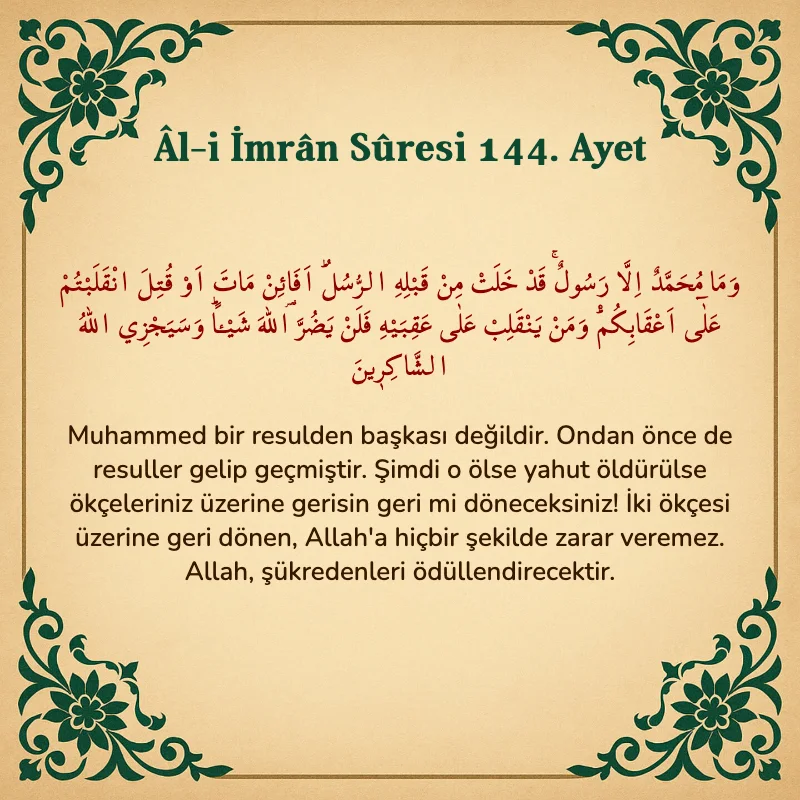 Âl-i İmrân Sûresi 144. Ayet Arapça ve Türkçe meali
