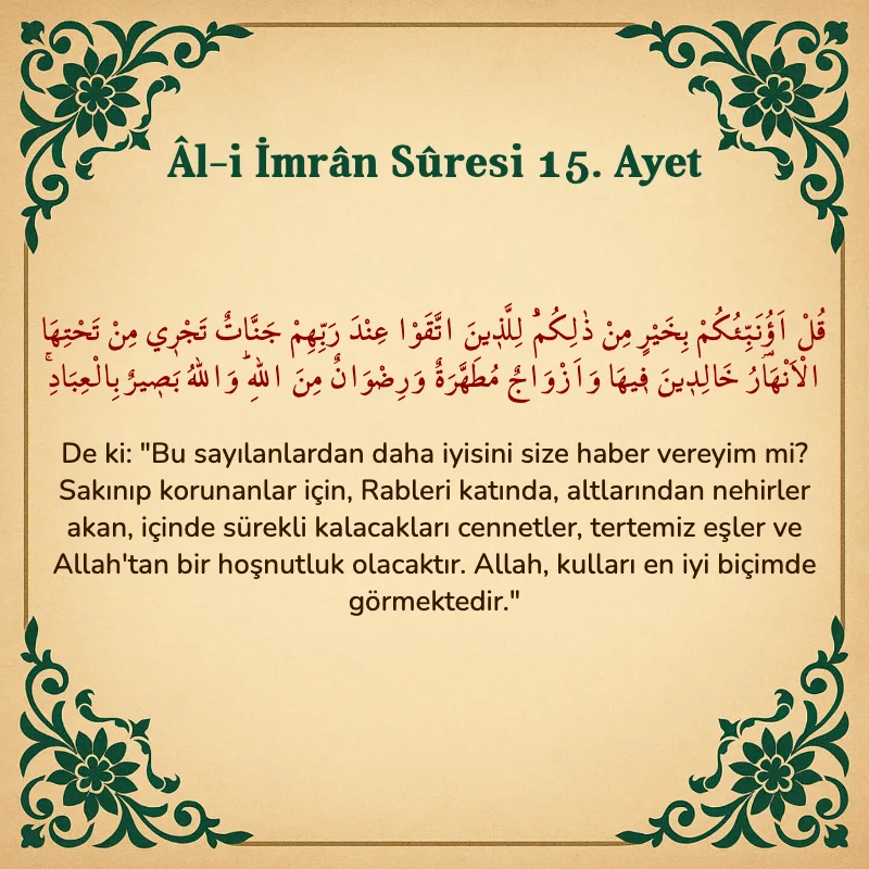Âl-i İmrân Sûresi 15. Ayet  Arapça ve Türkçe meali