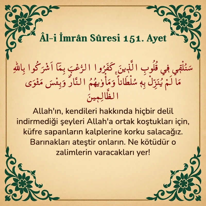 Âl-i İmrân Sûresi 151. Ayet Arapça ve Türkçe meali
