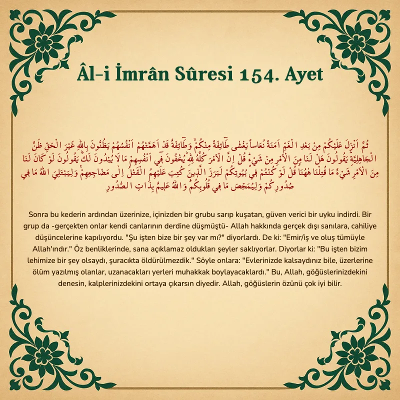Âl-i İmrân Sûresi 154. Ayet Arapça ve Türkçe meali