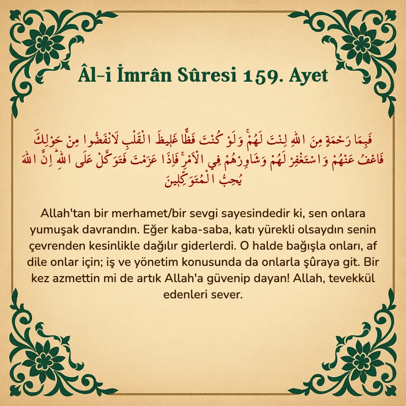 Âl-i İmrân Sûresi 159. Ayet Arapça ve Türkçe meali