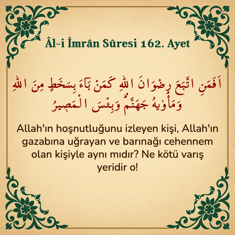 Âl-i İmrân Sûresi 162. Ayet Arapça ve Türkçe meali