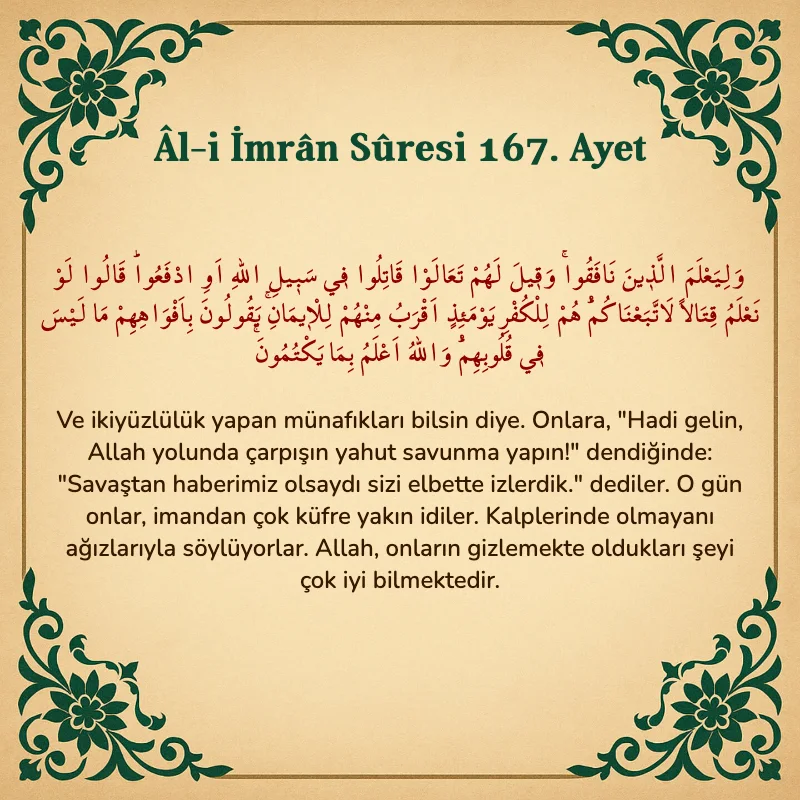 Âl-i İmrân Sûresi 167. Ayet Arapça ve Türkçe meali