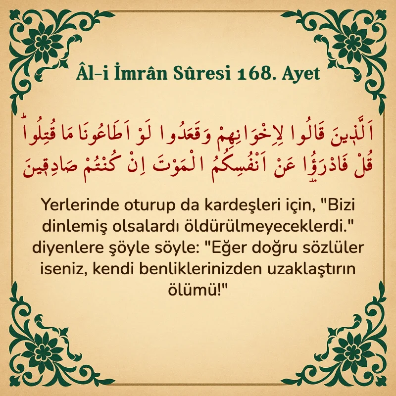 Âl-i İmrân Sûresi 168. Ayet Arapça ve Türkçe meali