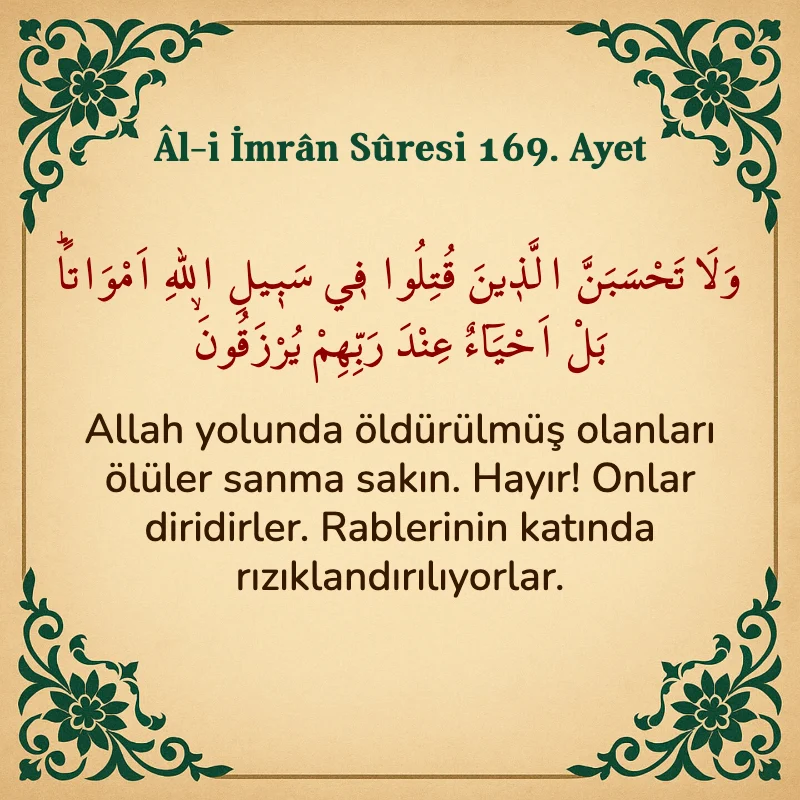 Âl-i İmrân Sûresi 169. Ayet Arapça ve Türkçe meali