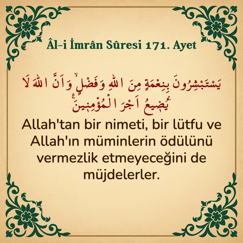 Âl-i İmrân Sûresi 171. Ayet Arapça ve Türkçe meali