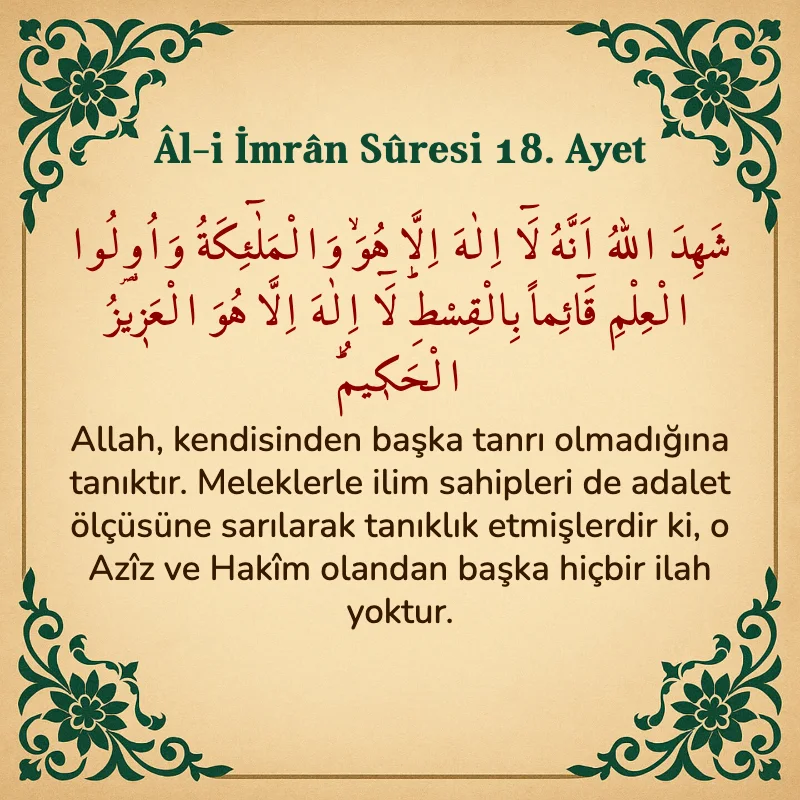 Âl-i İmrân Sûresi 18. Ayet Arapça ve Türkçe meali