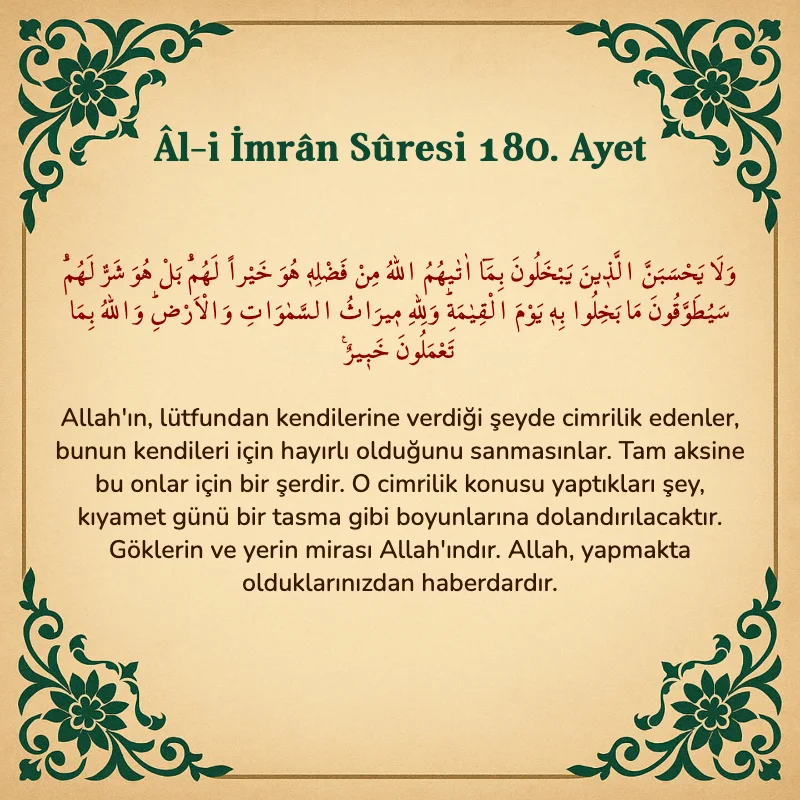 Âl-i İmrân Sûresi 180. Ayet  Arapça ve Türkçe meali