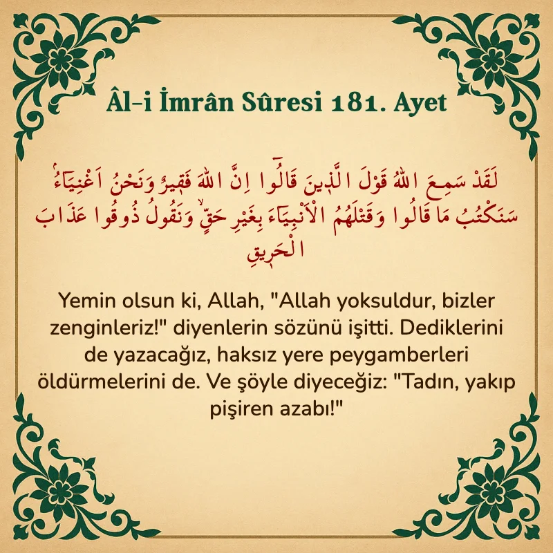 Âl-i İmrân Sûresi 181. Ayet Arapça ve Türkçe meali