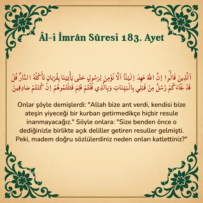 Âl-i İmrân Sûresi 183. Ayet Arapça ve Türkçe meali