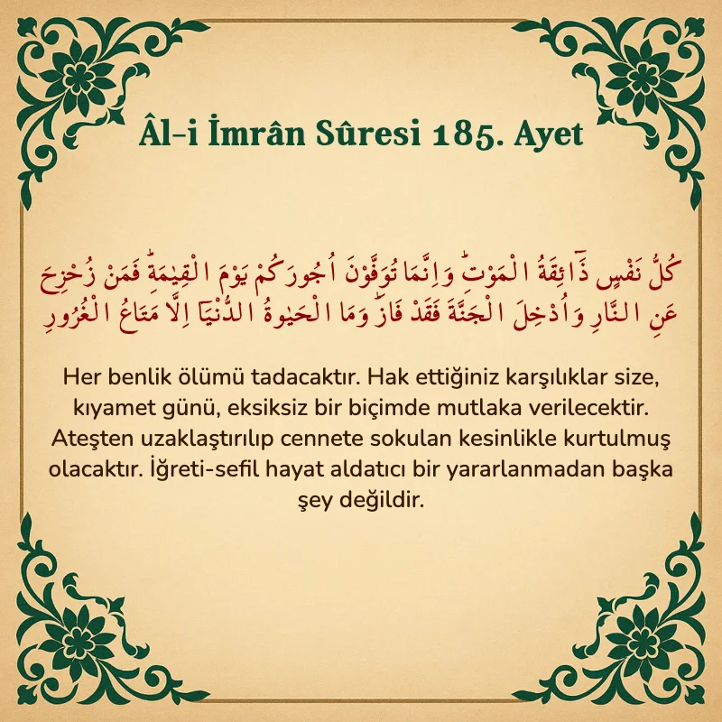 Âl-i İmrân Sûresi 185. Ayet  Arapça ve Türkçe meali