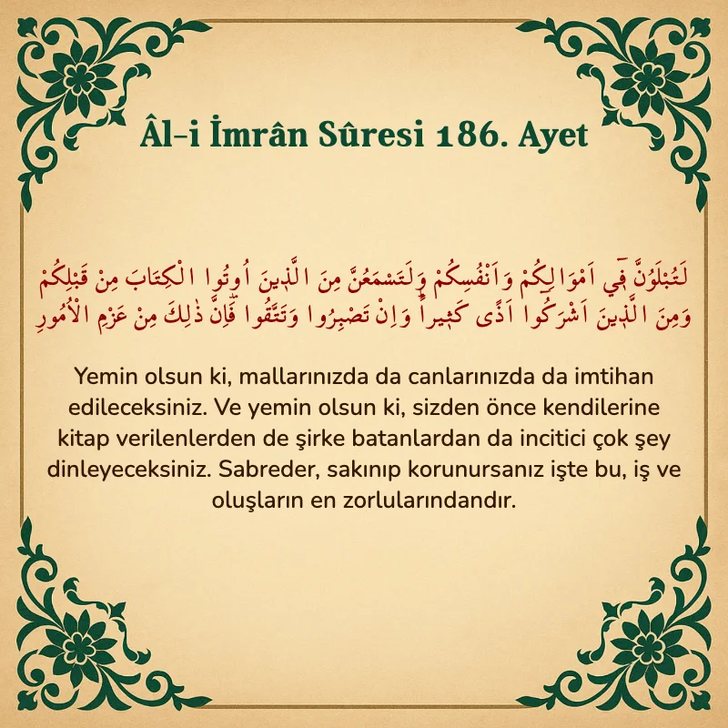 Âl-i İmrân Sûresi 186. Ayet Arapça ve Türkçe meali