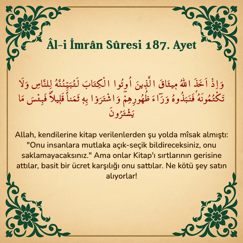 Âl-i İmrân Sûresi 187. Ayet Arapça ve Türkçe meali