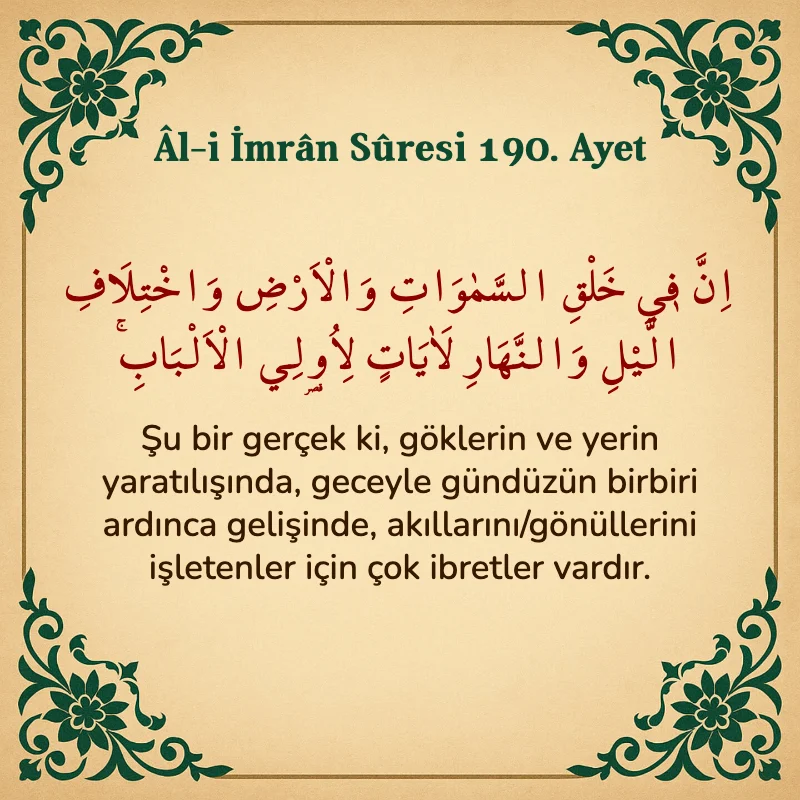 Âl-i İmrân Sûresi 190. Ayet Arapça ve Türkçe meali