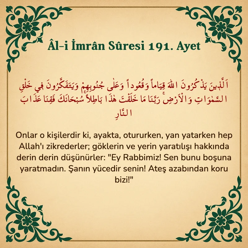 Âl-i İmrân Sûresi 191. Ayet Arapça ve Türkçe meali