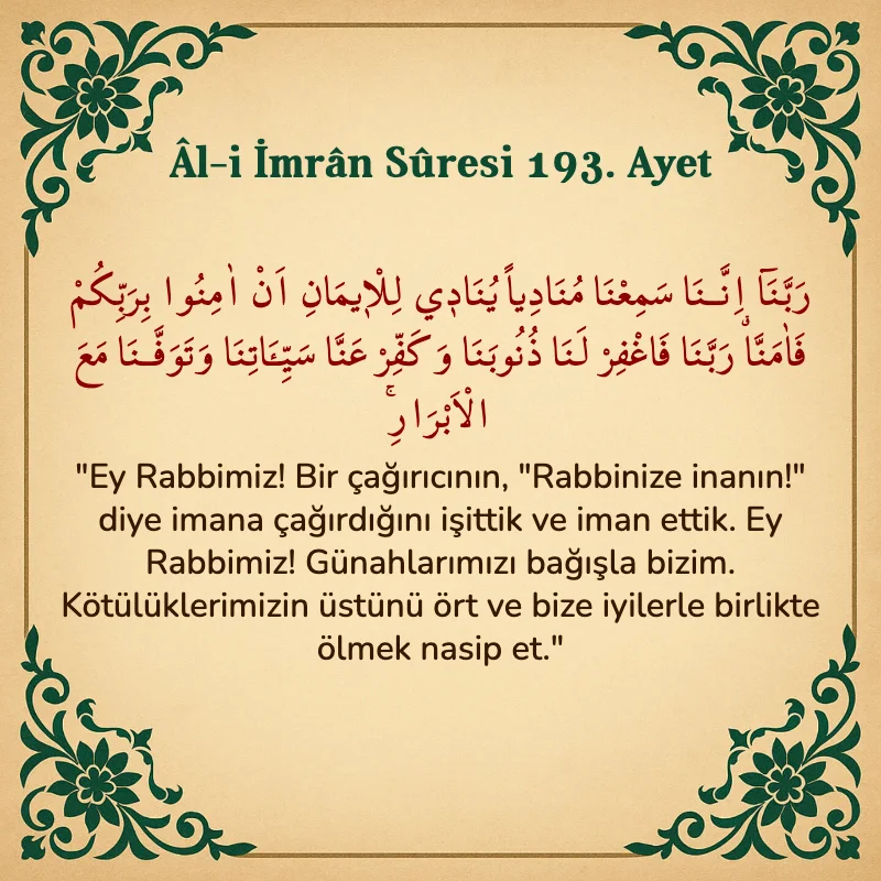 Âl-i İmrân Sûresi 193. Ayet Arapça ve Türkçe meali