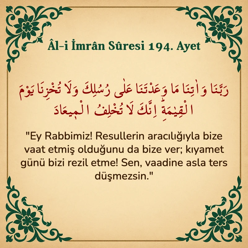Âl-i İmrân Sûresi 194. Ayet Arapça ve Türkçe meali