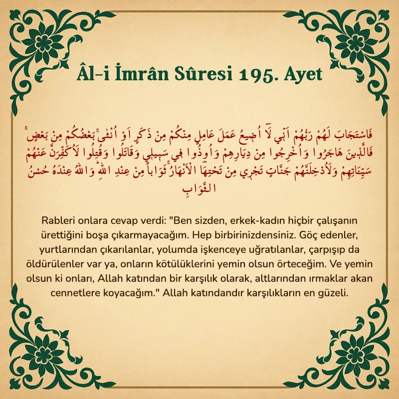 Âl-i İmrân Sûresi 195. Ayet  Arapça ve Türkçe meali