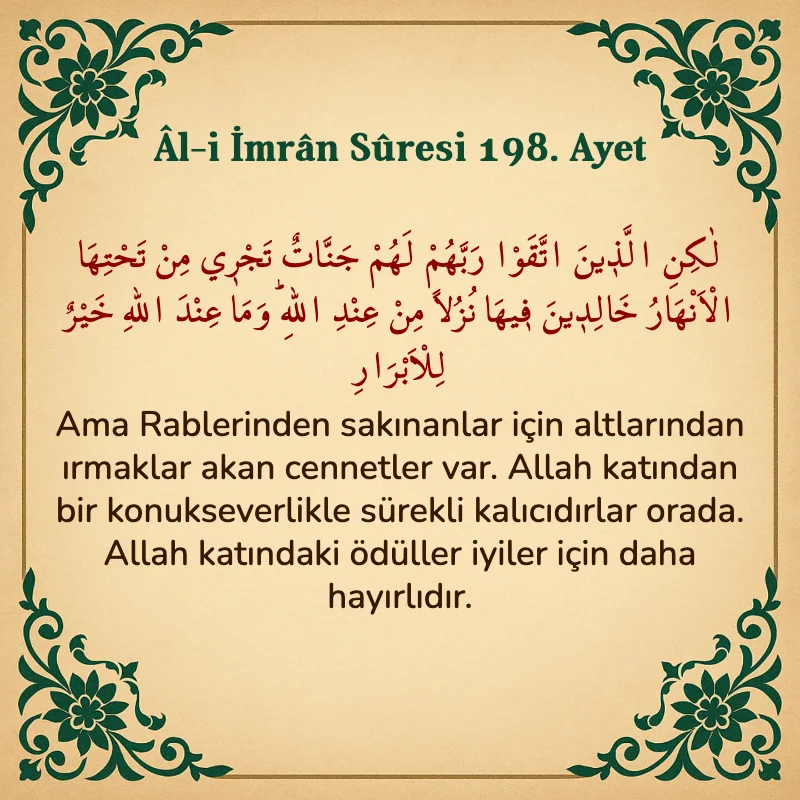 Âl-i İmrân Sûresi 198. Ayet Arapça ve Türkçe meali