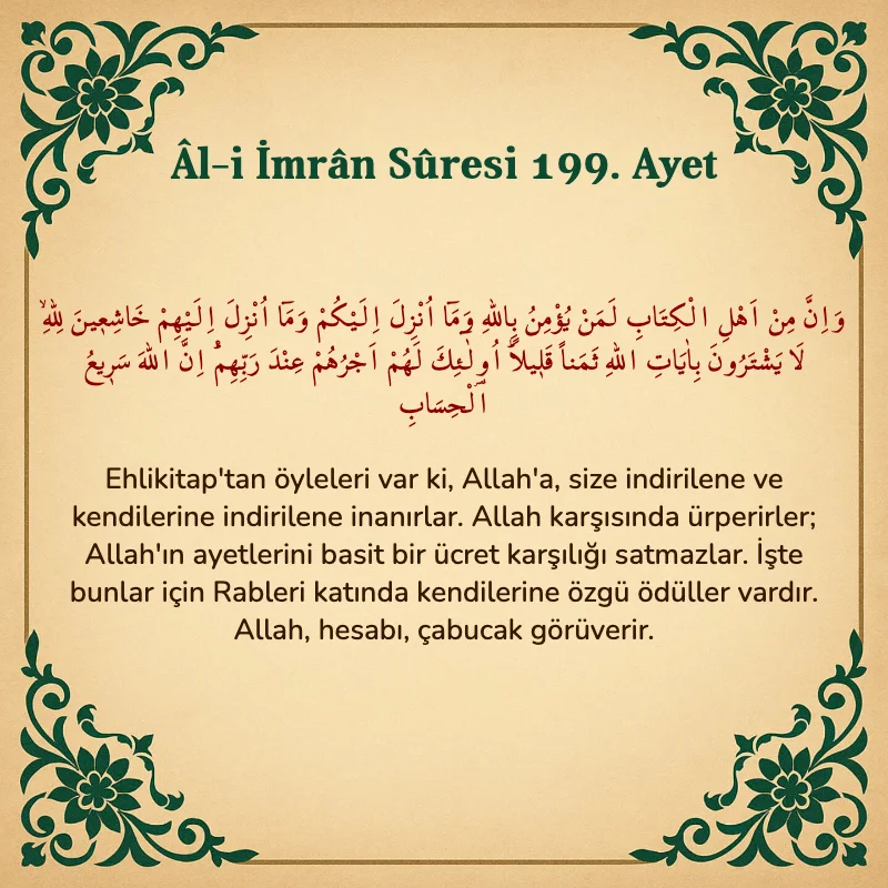 Âl-i İmrân Sûresi 199. Ayet  Arapça ve Türkçe meali