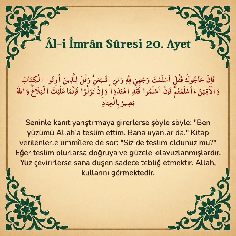 Âl-i İmrân Sûresi 20. Ayet  Arapça ve Türkçe meali