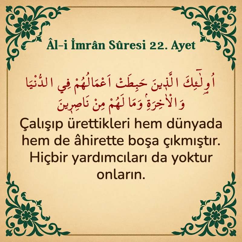 Âl-i İmrân Sûresi 22. Ayet Arapça ve Türkçe meali