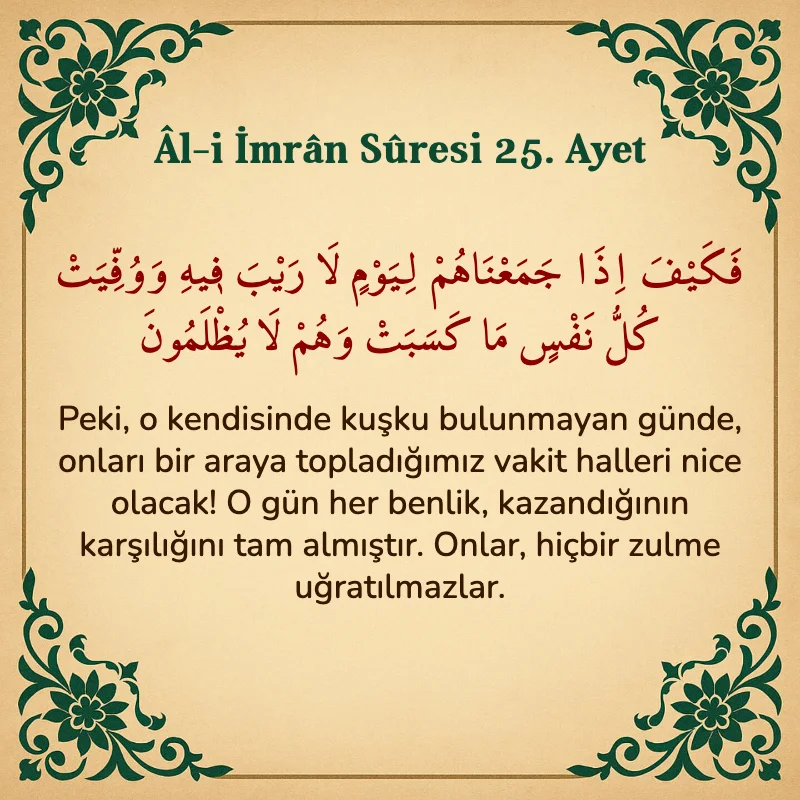 Âl-i İmrân Sûresi 25. Ayet  Arapça ve Türkçe meali