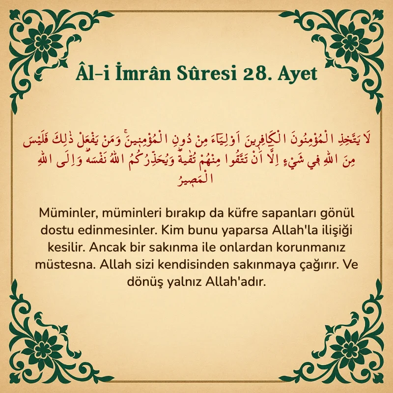 Âl-i İmrân Sûresi 28. Ayet  Arapça ve Türkçe meali