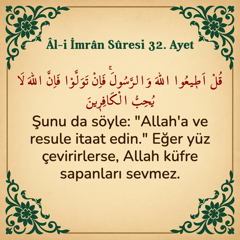 Âl-i İmrân Sûresi 32. Ayet Arapça ve Türkçe meali
