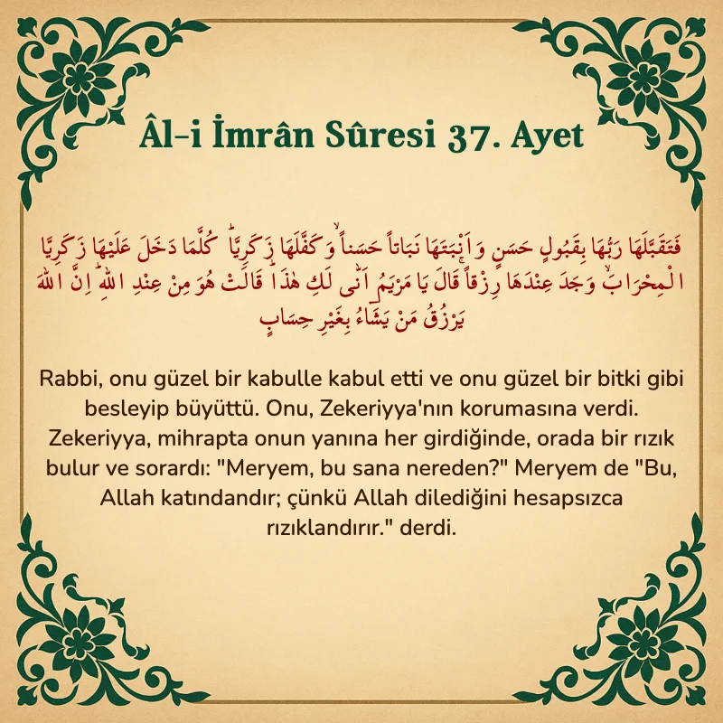 Âl-i İmrân Sûresi 37. Ayet Arapça ve Türkçe meali