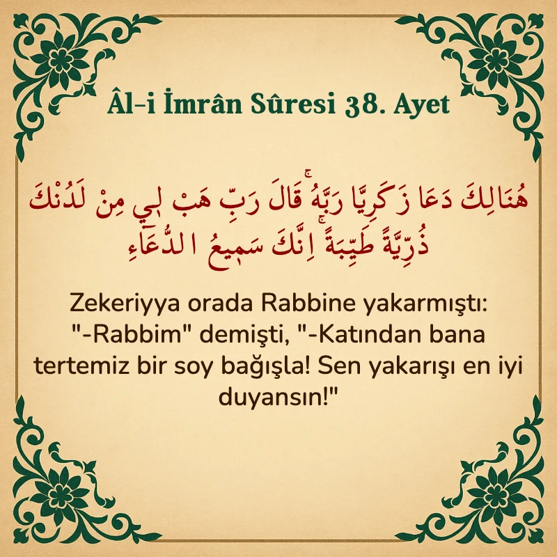 Âl-i İmrân Sûresi 38. Ayet Arapça ve Türkçe meali