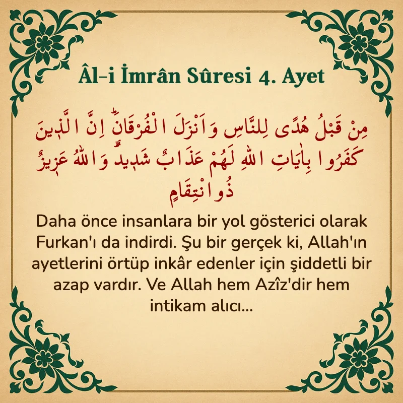 Âl-i İmrân Sûresi 4. Ayet Arapça ve Türkçe meali