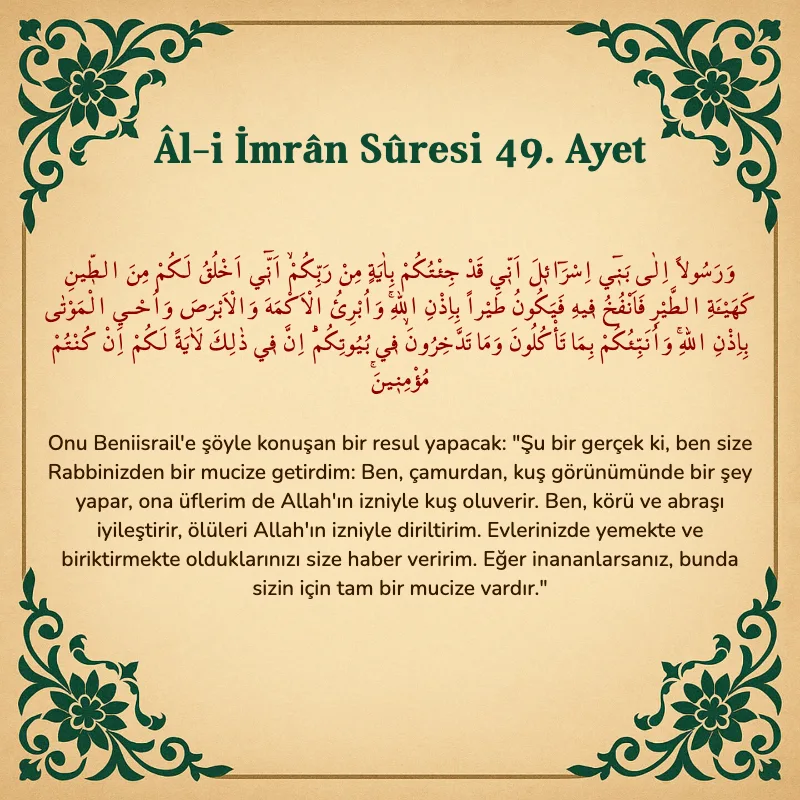 Âl-i İmrân Sûresi 49. Ayet Arapça ve Türkçe meali