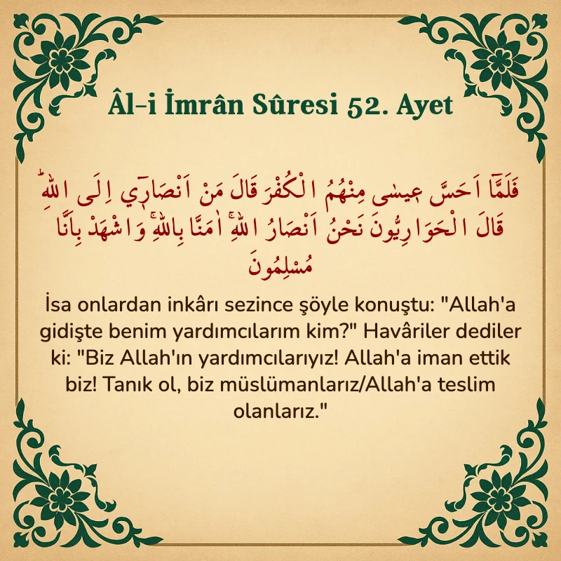 Âl-i İmrân Sûresi 52. Ayet Arapça ve Türkçe meali