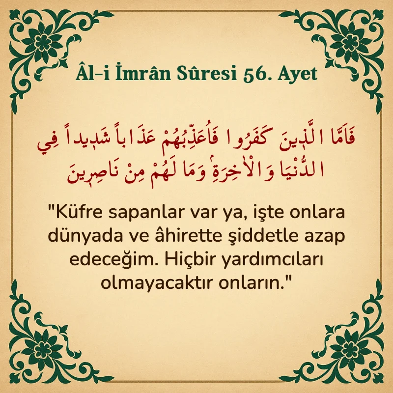 Âl-i İmrân Sûresi 56. Ayet Arapça ve Türkçe meali