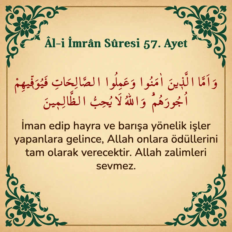 Âl-i İmrân Sûresi 57. Ayet Arapça ve Türkçe meali