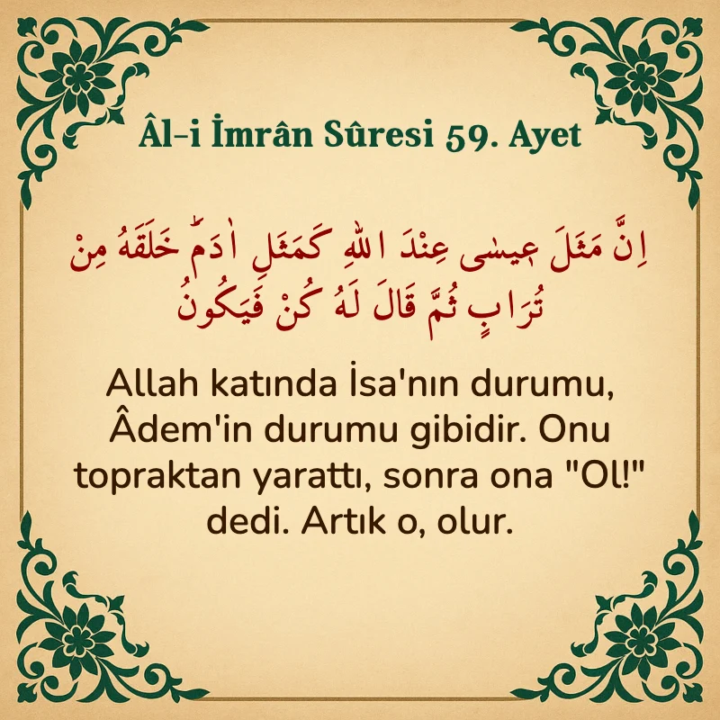 Âl-i İmrân Sûresi 59. Ayet Arapça ve Türkçe meali