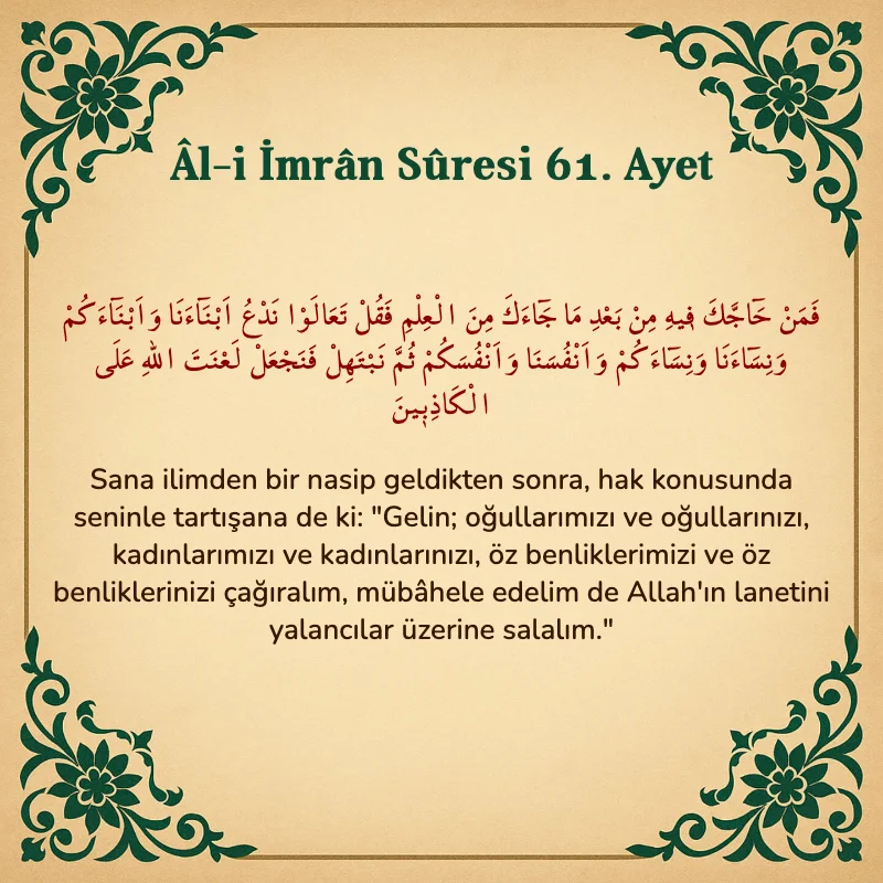 Âl-i İmrân Sûresi 61. Ayet Arapça ve Türkçe meali