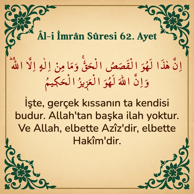 Âl-i İmrân Sûresi 62. Ayet  Arapça ve Türkçe meali