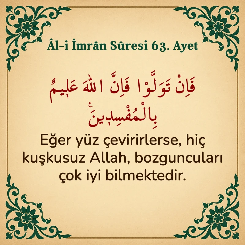 Âl-i İmrân Sûresi 63. Ayet  Arapça ve Türkçe meali