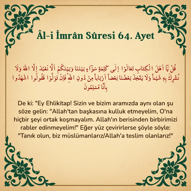 Âl-i İmrân Sûresi 64. Ayet  Arapça ve Türkçe meali