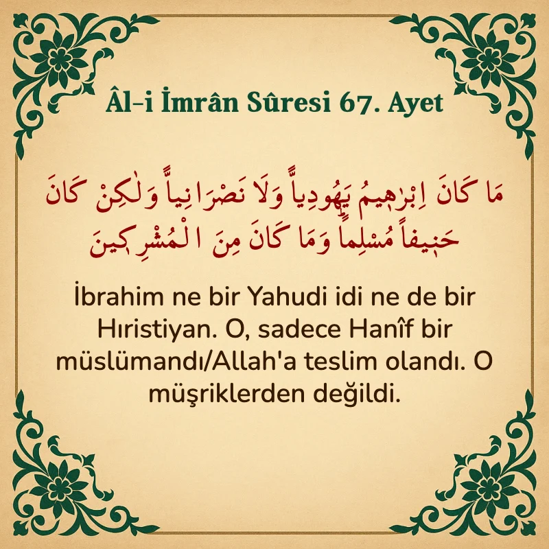 Âl-i İmrân Sûresi 67. Ayet  Arapça ve Türkçe meali