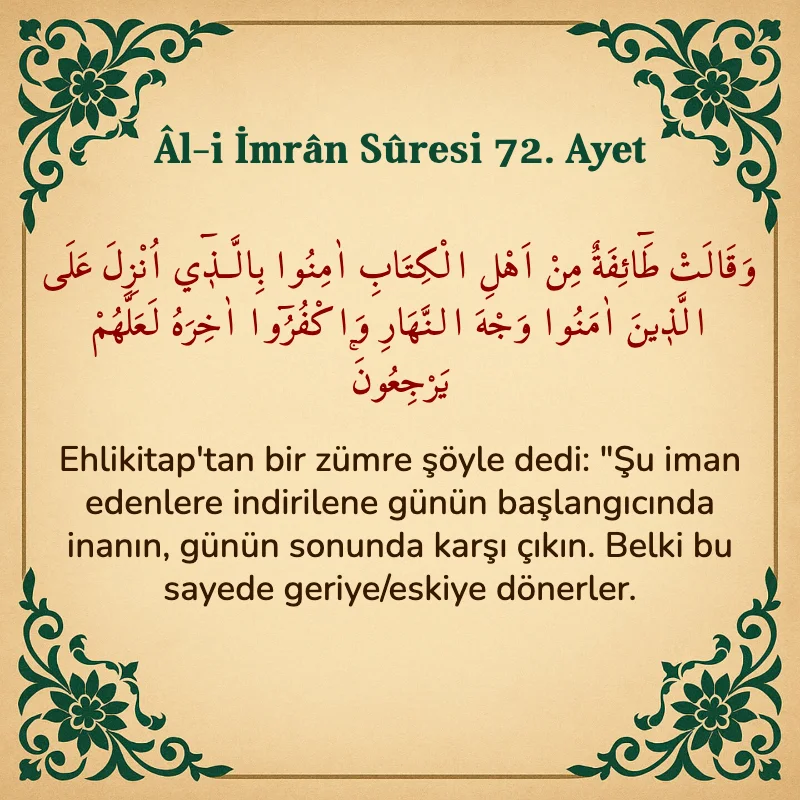 Âl-i İmrân Sûresi 72. Ayet  Arapça ve Türkçe meali