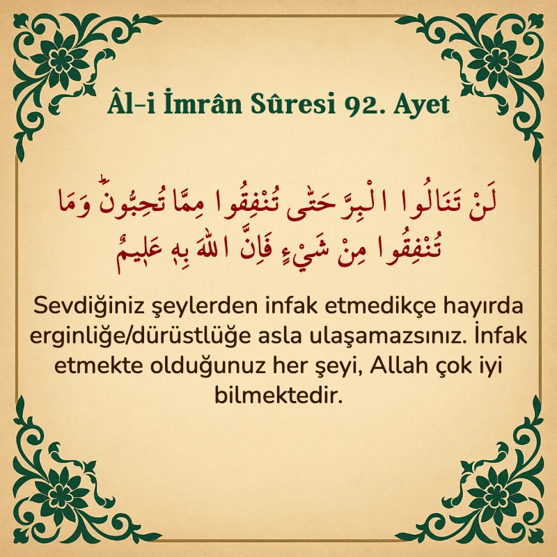 Âl-i İmrân Sûresi 92. Ayet Arapça ve Türkçe meali