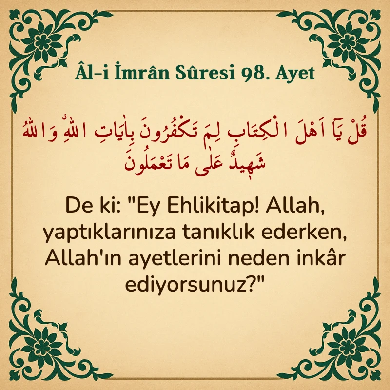 Âl-i İmrân Sûresi 98. Ayet Arapça ve Türkçe meali