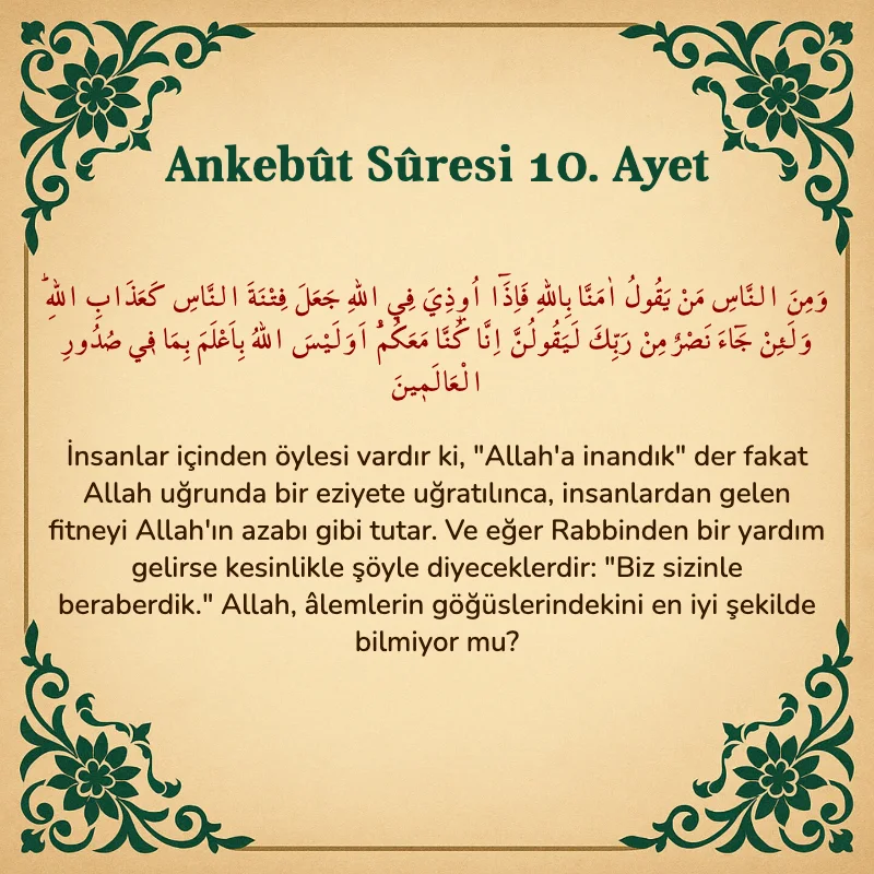 Ankebut Suresi 10. Ayet Arapça ve Türkçe meali
