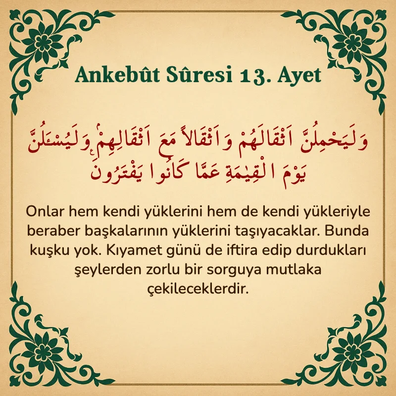 Ankebut Suresi 13. Ayet Arapça ve Türkçe meali
