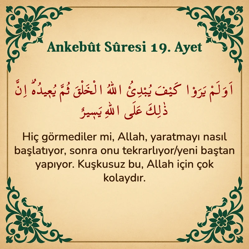 Ankebut Suresi 19. Ayet Arapça ve Türkçe meali