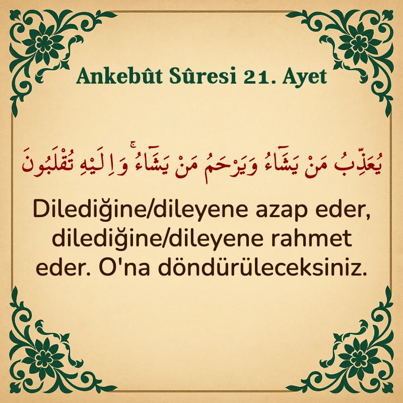 Ankebut Suresi 21. Ayet Arapça ve Türkçe meali