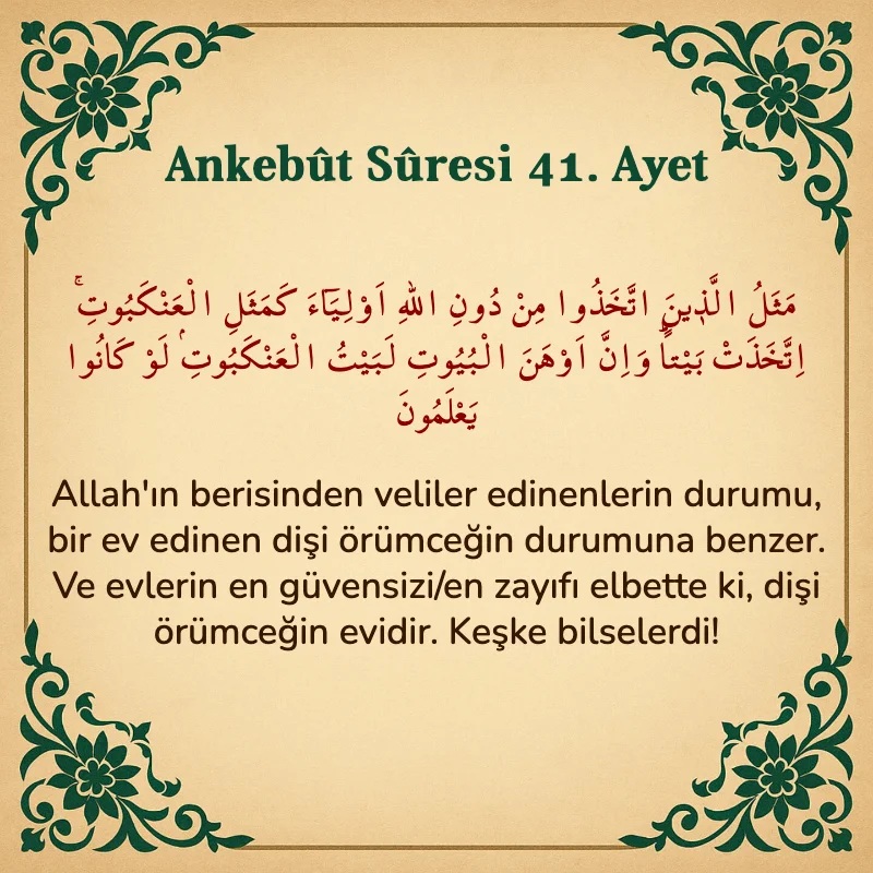 Ankebut Suresi 41. Ayet Arapça ve Türkçe meali